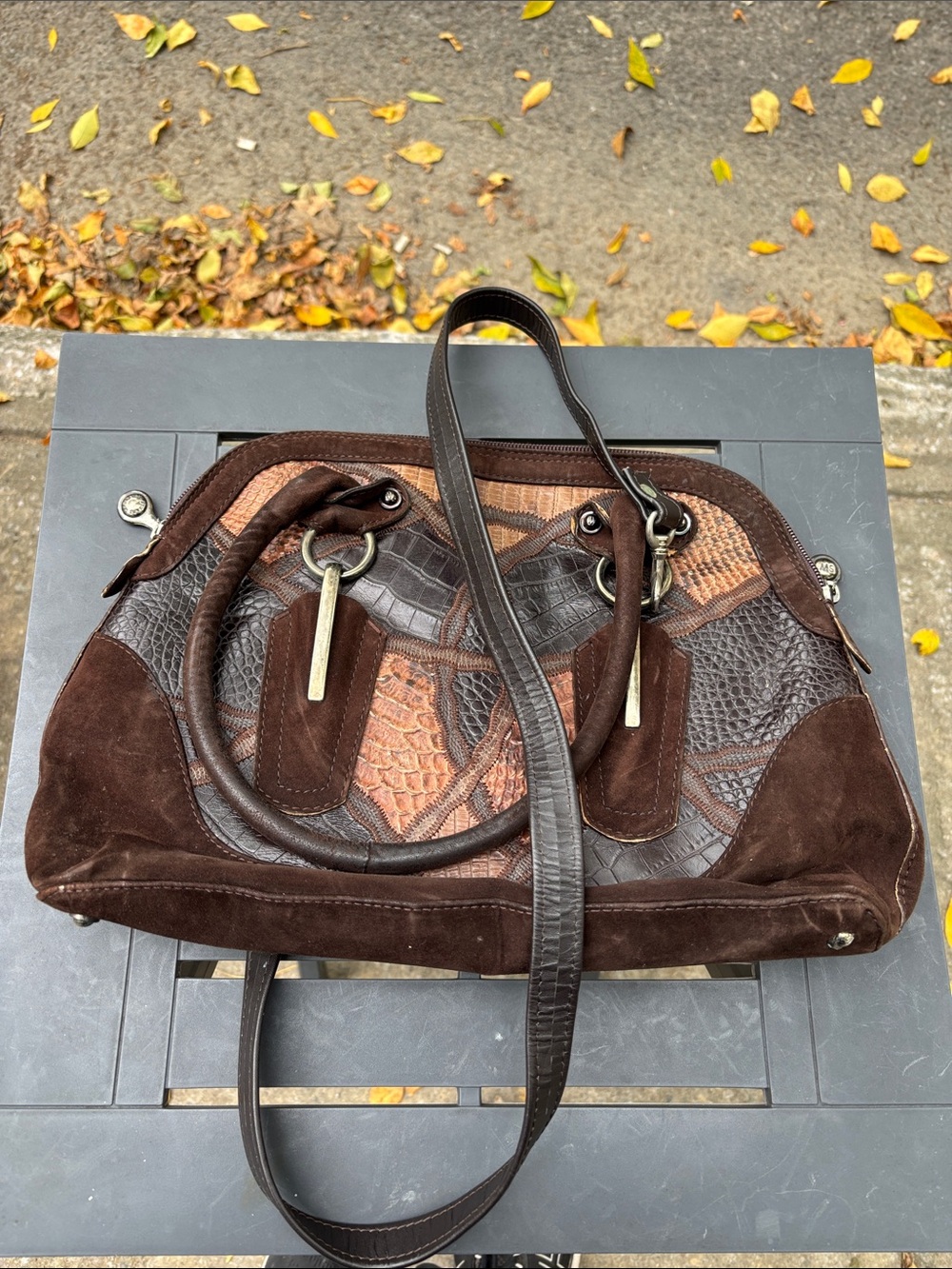 Stuart Weitzman Brown Patchwork Leather & Suede Crossbody Tote